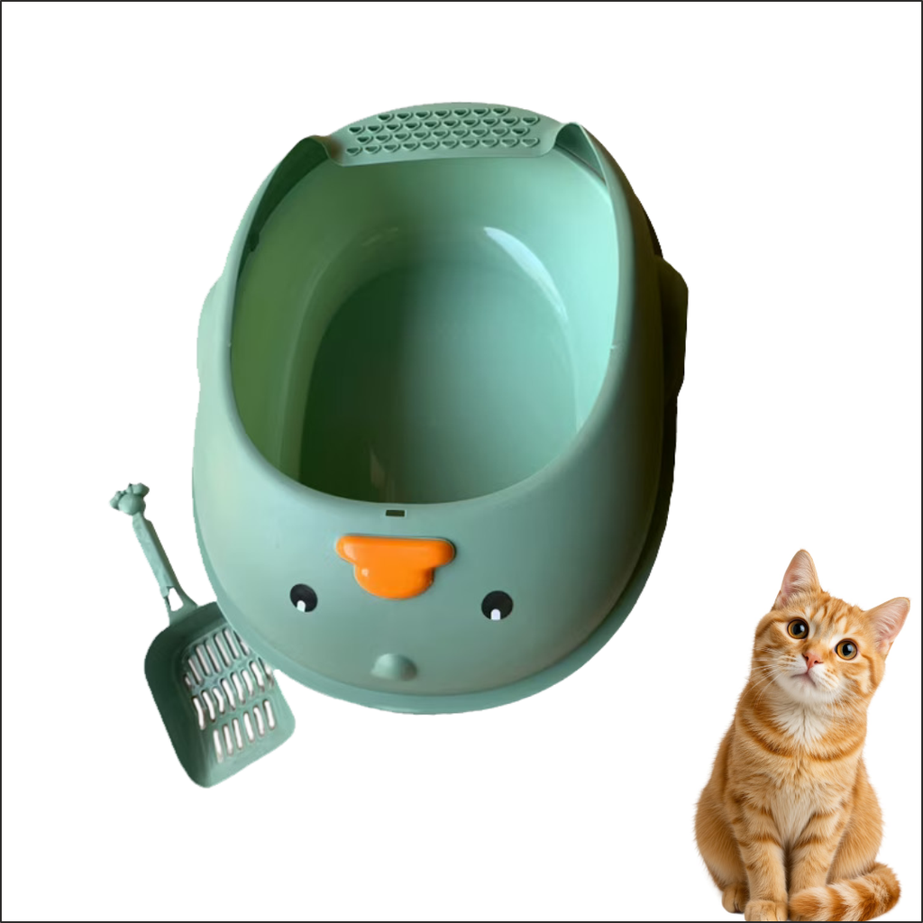 Cute and Adorable Duck-Shaped Semi-Enclosed Cat Litter Tray | Comes with a Matching Scooper | Anti-Tracking Open-Top Design | High Splash Guards | Non-Slip Base