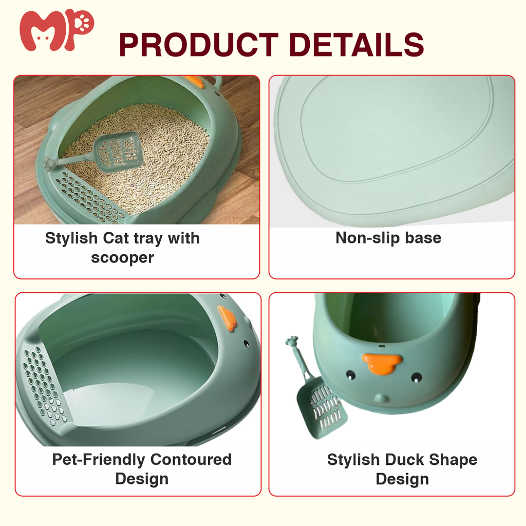 Cute and Adorable Duck-Shaped Semi-Enclosed Cat Litter Tray | Comes with a Matching Scooper | Anti-Tracking Open-Top Design | High Splash Guards | Non-Slip Base