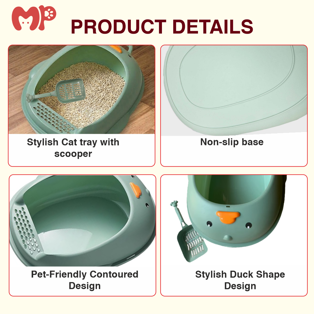 Cute and Adorable Duck-Shaped Semi-Enclosed Cat Litter Tray | Comes with a Matching Scooper | Anti-Tracking Open-Top Design | High Splash Guards | Non-Slip Base
