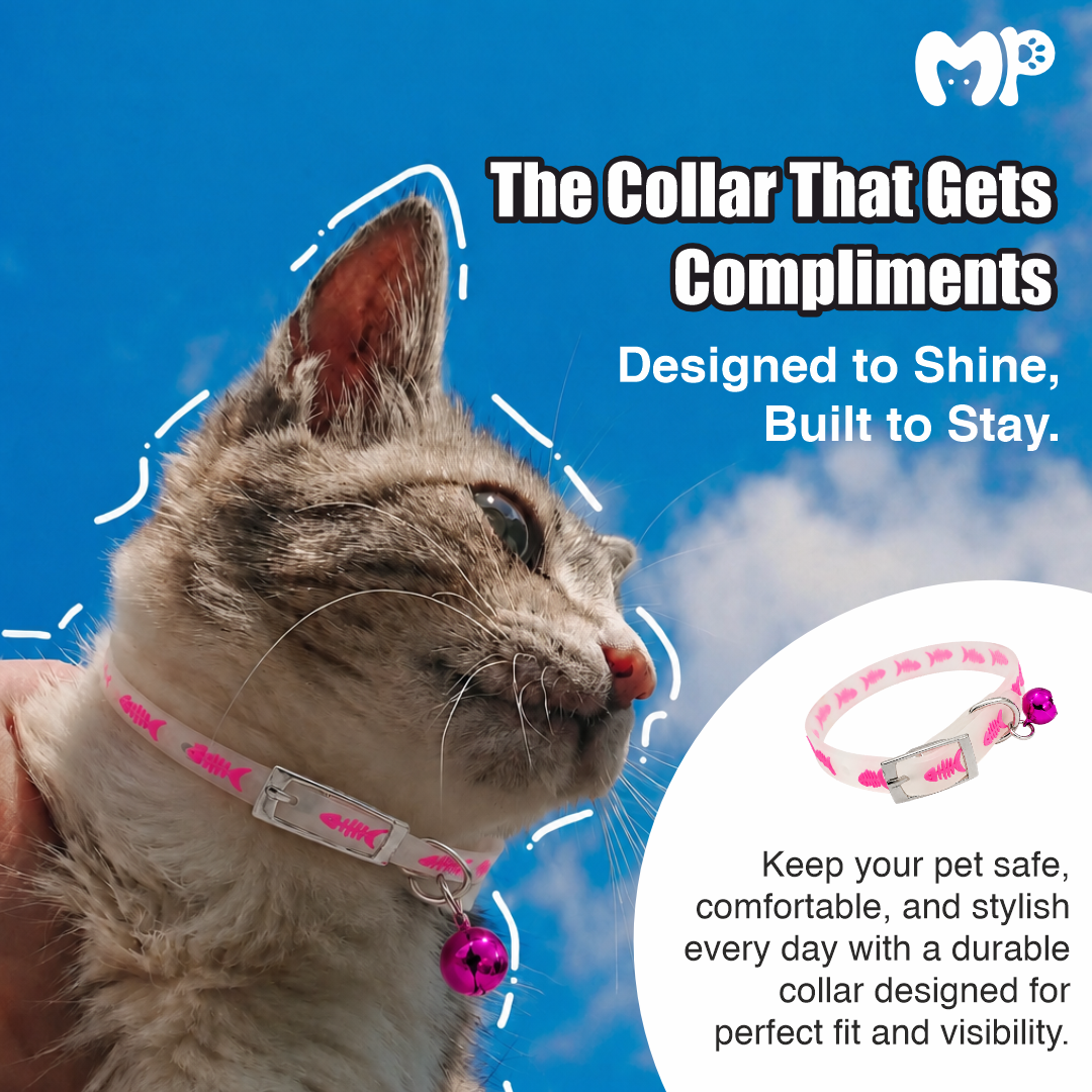 Reflective Silicone Cat Collar with Bell | Adjustable Glow Pet Collar for Cats, Kittens & Small Pets (Random Design)