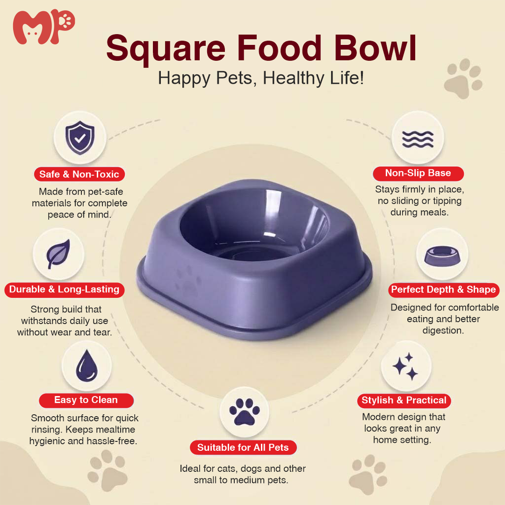 Plastic Square Pet Bowl | Lightweight | Safe and Non-Toxic | Easy to Clean | for Cats and Dogs (Small) | (Large)