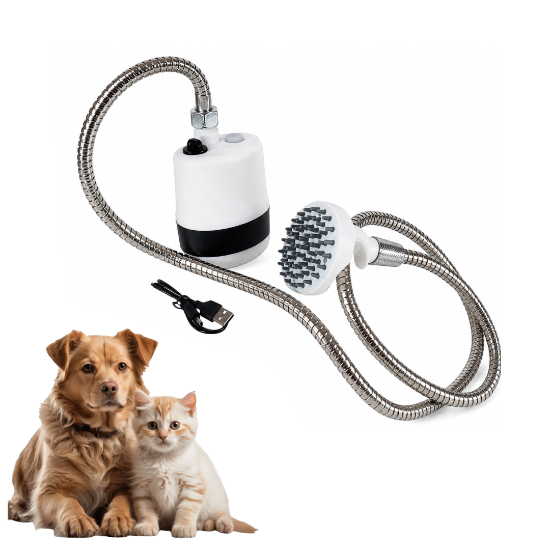 Portable Pet Shower with Rechargeable Battery – Multi-Functional Submersible Water Pump | Flexible 1.5M Stainless Steel Hose | Massage Shower Head for Stress-Free Dog | Cat Baths