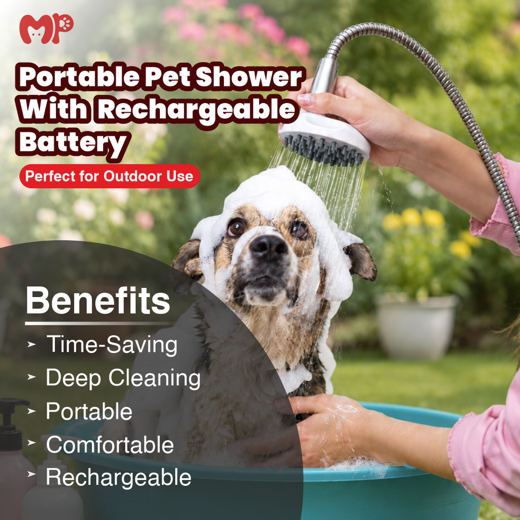 Portable Pet Shower with Rechargeable Battery – Multi-Functional Submersible Water Pump | Flexible 1.5M Stainless Steel Hose | Massage Shower Head for Stress-Free Dog | Cat Baths