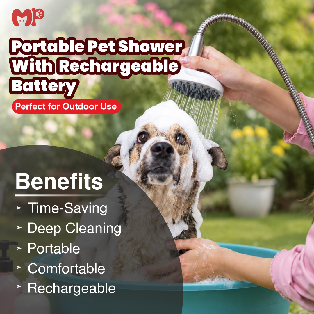 Portable Pet Shower with Rechargeable Battery – Multi-Functional Submersible Water Pump | Flexible 1.5M Stainless Steel Hose | Massage Shower Head for Stress-Free Dog | Cat Baths