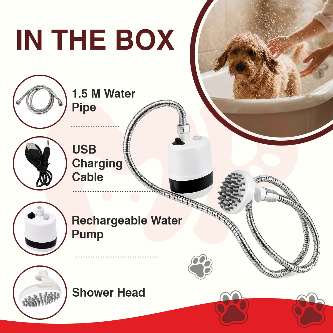 Portable Pet Shower with Rechargeable Battery – Multi-Functional Submersible Water Pump | Flexible 1.5M Stainless Steel Hose | Massage Shower Head for Stress-Free Dog | Cat Baths