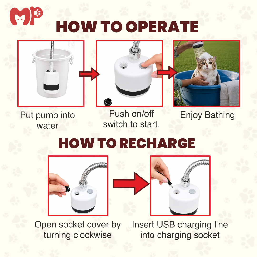 Portable Pet Shower with Rechargeable Battery – Multi-Functional Submersible Water Pump | Flexible 1.5M Stainless Steel Hose | Massage Shower Head for Stress-Free Dog | Cat Baths