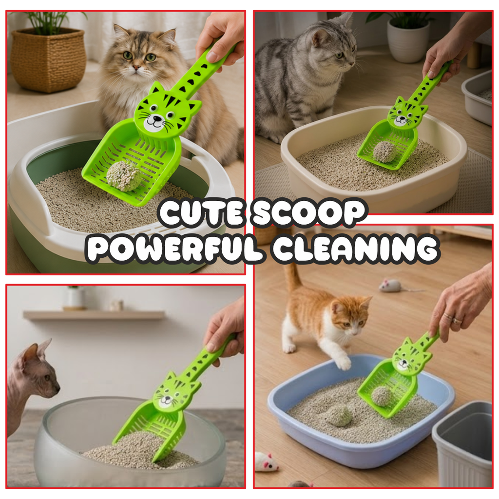 Premium Cute Cat-Faced Pet Litter Scooper | Durable Plastic Sifting Shovel with Long Tail Ergonomic Handle | Reusable, Washable Quick-Separation Sifter Cleaner for Cat & Dog Litter Boxes