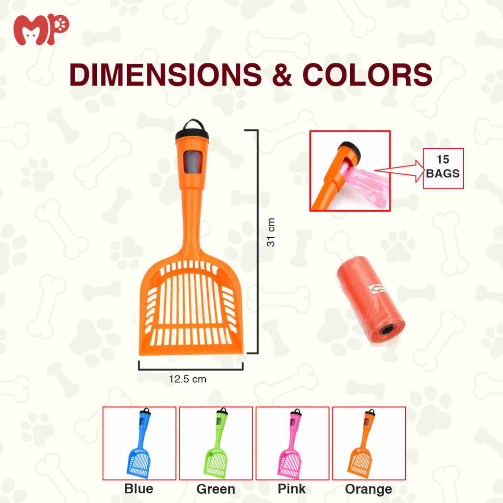 2-in-1 Cat Litter Scoop with Integrated Poop Bag Dispenser Handle | Heavy-Duty Detachable Kitty Litter Sifter Shovel Kit Includes 15 Count Waste Refill Bags