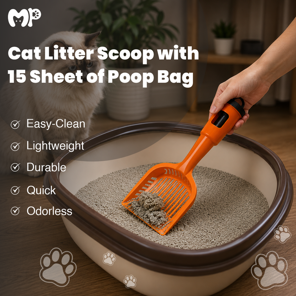 2-in-1 Cat Litter Scoop with Integrated Poop Bag Dispenser Handle | Heavy-Duty Detachable Kitty Litter Sifter Shovel Kit Includes 15 Count Waste Refill Bags