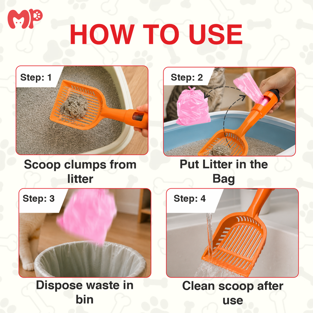 2-in-1 Cat Litter Scoop with Integrated Poop Bag Dispenser Handle | Heavy-Duty Detachable Kitty Litter Sifter Shovel Kit Includes 15 Count Waste Refill Bags