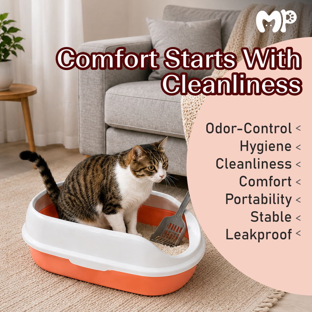 Premium Semi-Enclosed Cat Litter Box with Ergonomic Scoop | High Rim Anti-Splashing Plastic Cat Litter Tray | Leak-Proof | Easy-to-Clean | Odor Control Kitty Loo
