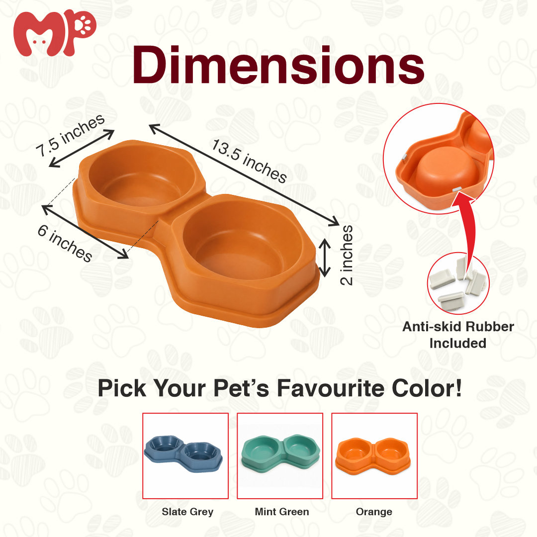 Premium Hexagon Double Pet Bowl for Food and Water | Non-Slip Dual Station Feeding & Watering Diner with Anti-Skid Rubber Feet for Small to Medium Dogs | Puppies | Cats