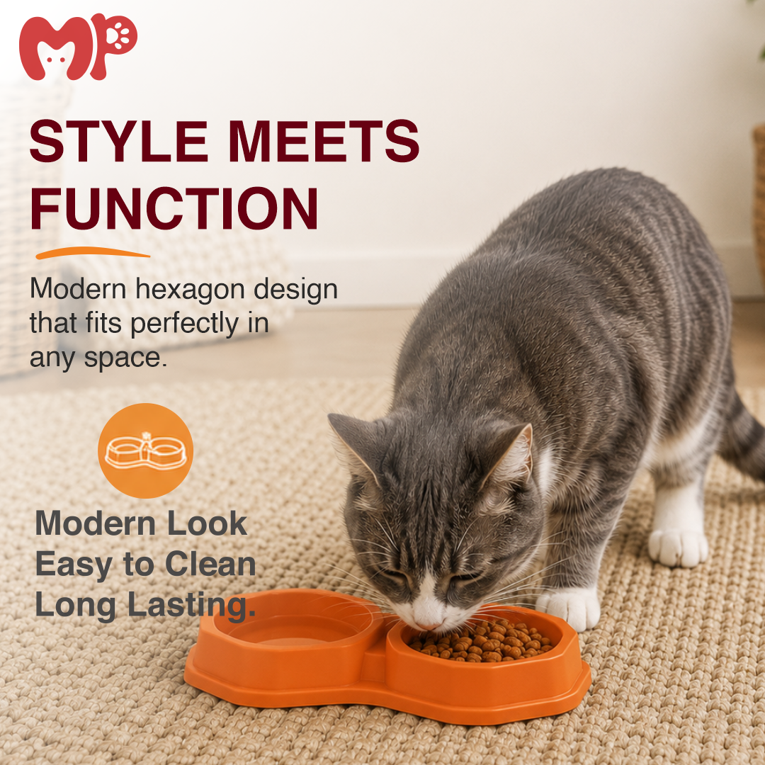 Premium Hexagon Double Pet Bowl for Food and Water | Non-Slip Dual Station Feeding & Watering Diner with Anti-Skid Rubber Feet for Small to Medium Dogs | Puppies | Cats