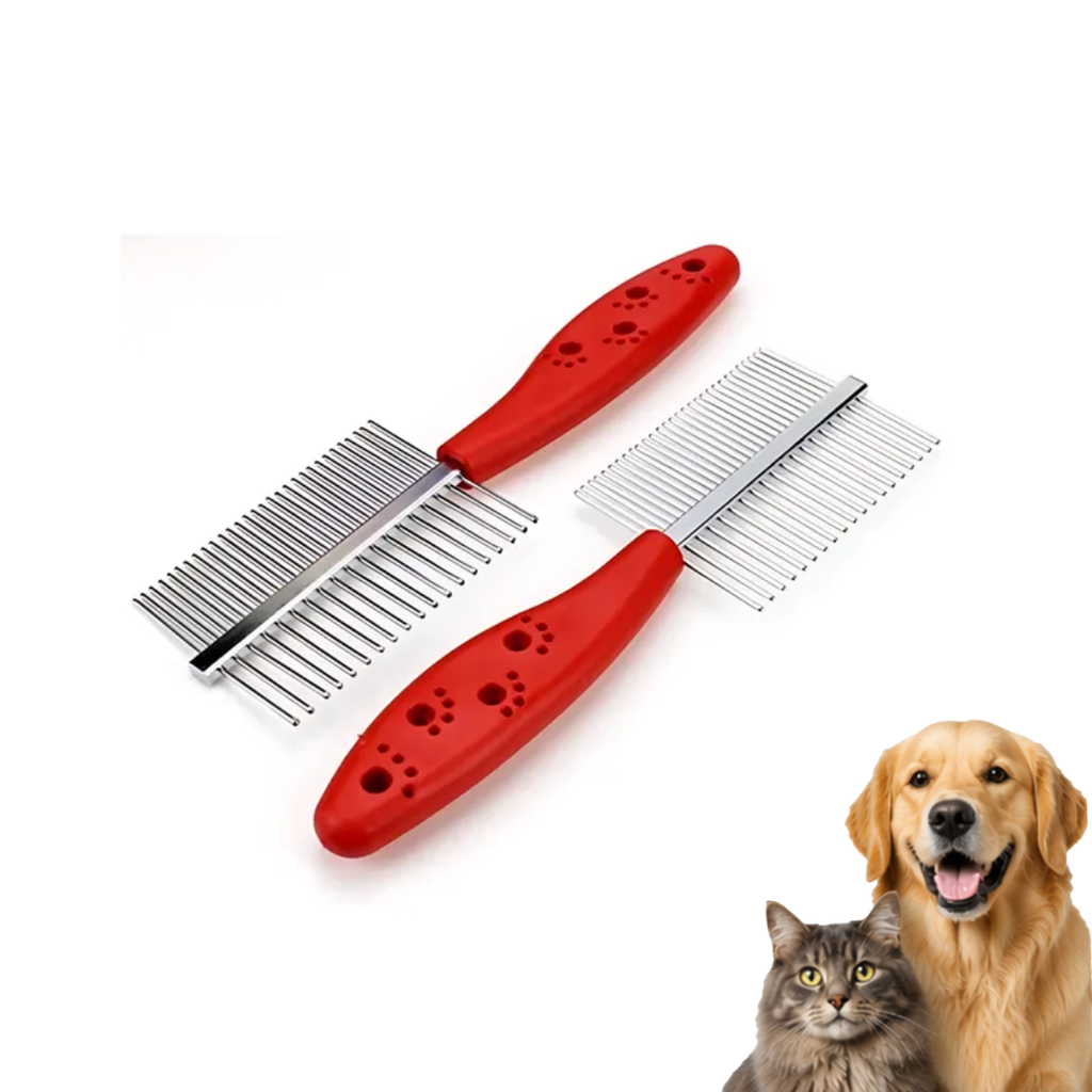 2-in-1 Dual-Sided Pet Grooming Comb with Stainless Steel Wide and Fine Teeth | for Dogs and Cats | Reduces Shedding | Stainless Steel Detangling & Finishing Undercoat Rake with Paw-Print Ergonomic Handle | DOUBLE COMB