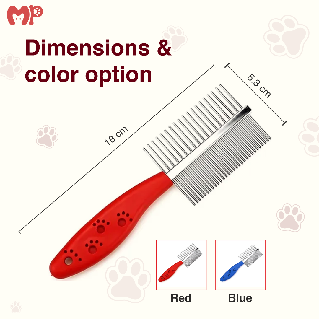 2-in-1 Dual-Sided Pet Grooming Comb with Stainless Steel Wide and Fine Teeth | for Dogs and Cats | Reduces Shedding | Stainless Steel Detangling & Finishing Undercoat Rake with Paw-Print Ergonomic Handle | DOUBLE COMB