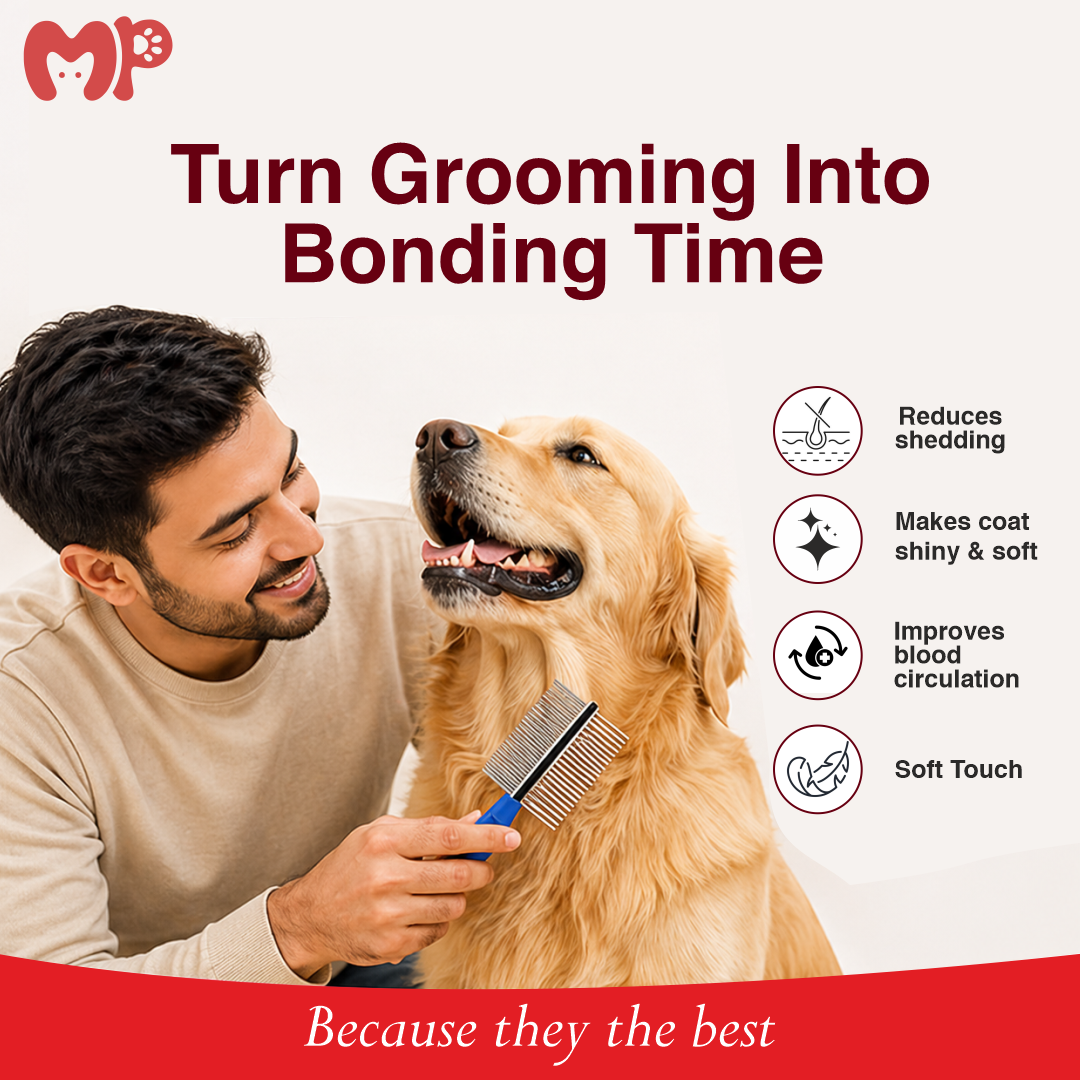2-in-1 Dual-Sided Pet Grooming Comb with Stainless Steel Wide and Fine Teeth | for Dogs and Cats | Reduces Shedding | Stainless Steel Detangling & Finishing Undercoat Rake with Paw-Print Ergonomic Handle | DOUBLE COMB