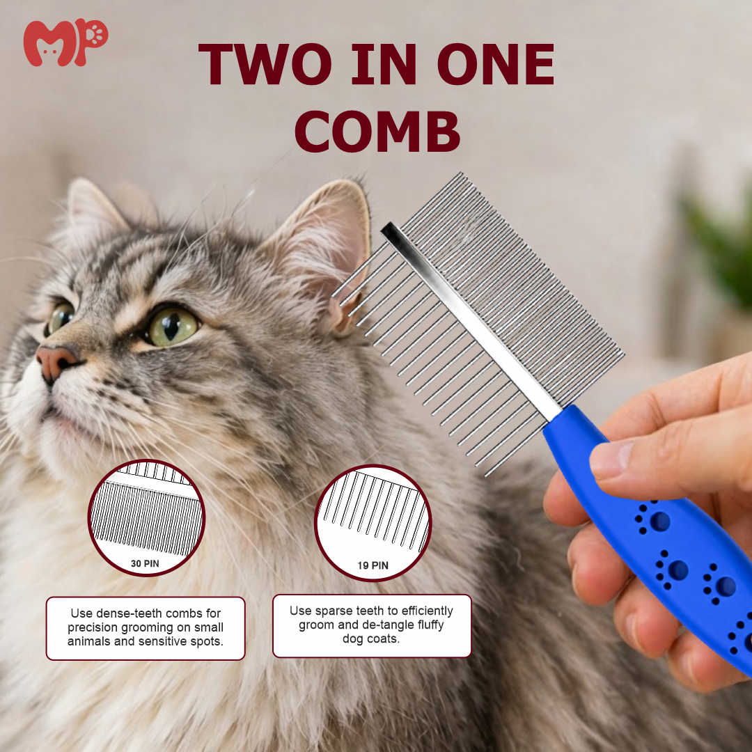 2-in-1 Dual-Sided Pet Grooming Comb with Stainless Steel Wide and Fine Teeth | for Dogs and Cats | Reduces Shedding | Stainless Steel Detangling & Finishing Undercoat Rake with Paw-Print Ergonomic Handle | DOUBLE COMB