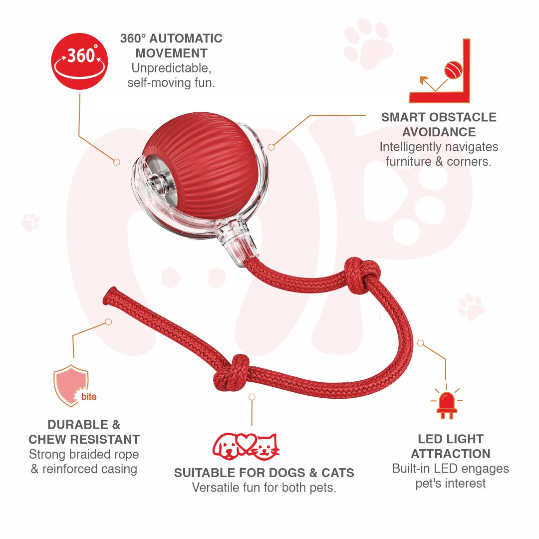 Self-Moving Interactive Pet Ball Toy with LED Light | 360 Automatic Movement | Smart Obstacle Avoidance | Rope | for Dogs and Cats
