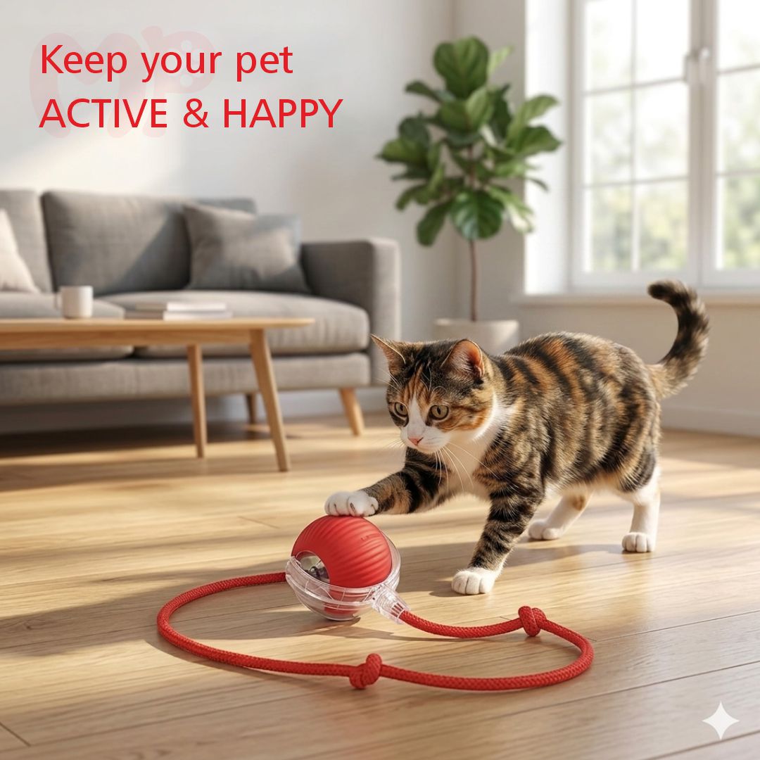 Self-Moving Interactive Pet Ball Toy with LED Light | 360 Automatic Movement | Smart Obstacle Avoidance | Rope | for Dogs and Cats
