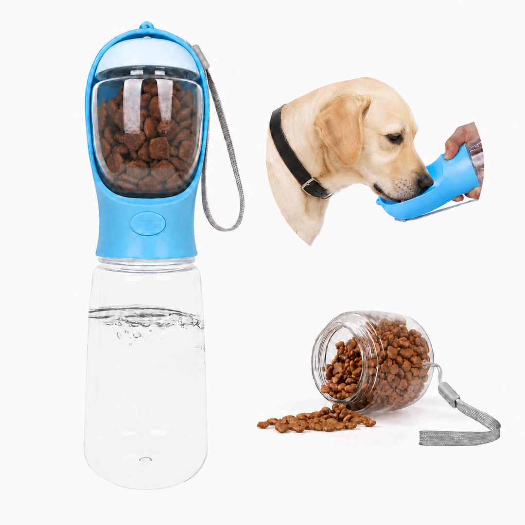 Premium 2-in-1 Portable Dog Water Bottle & Food Dispenser | Leak-Proof Travel Pet Feeder with Built-in Carbon Filter & Drinking Bowl for Walking, Hiking, and Travel