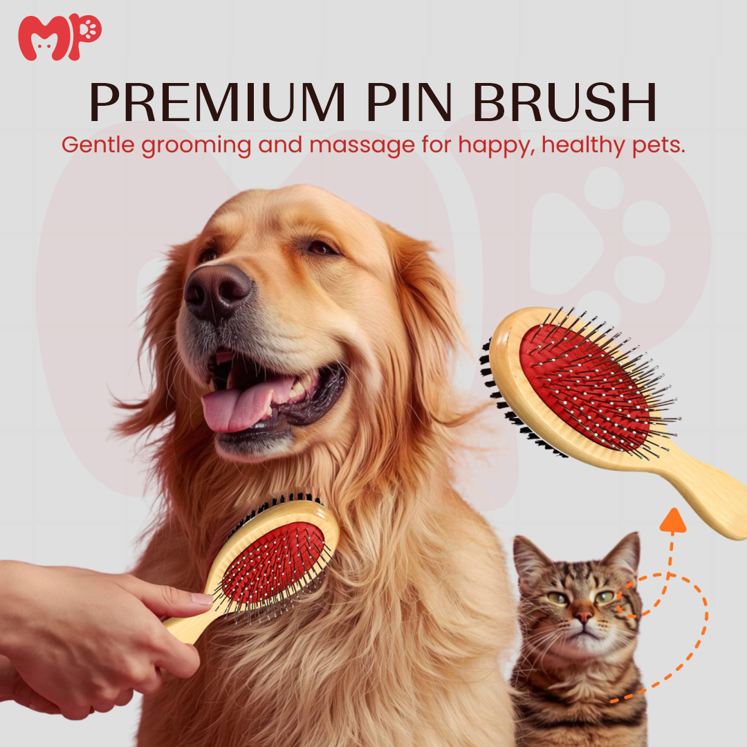 Premium Double-Sided Wooden Pet Grooming Brush for Dogs & Cats | 2-in-1 Detangling Pin & Soft Bristle Brush for De-shedding, Smoothing, and Massage (Gentle Care for All Fur Types)