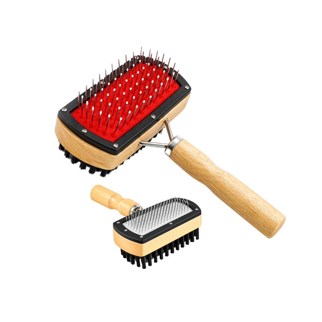 Double-Sided Wooden Pet Slicker Brush| Dual Bristle and Pin Design| Gentle Rounded Pins For Cats and Dogs