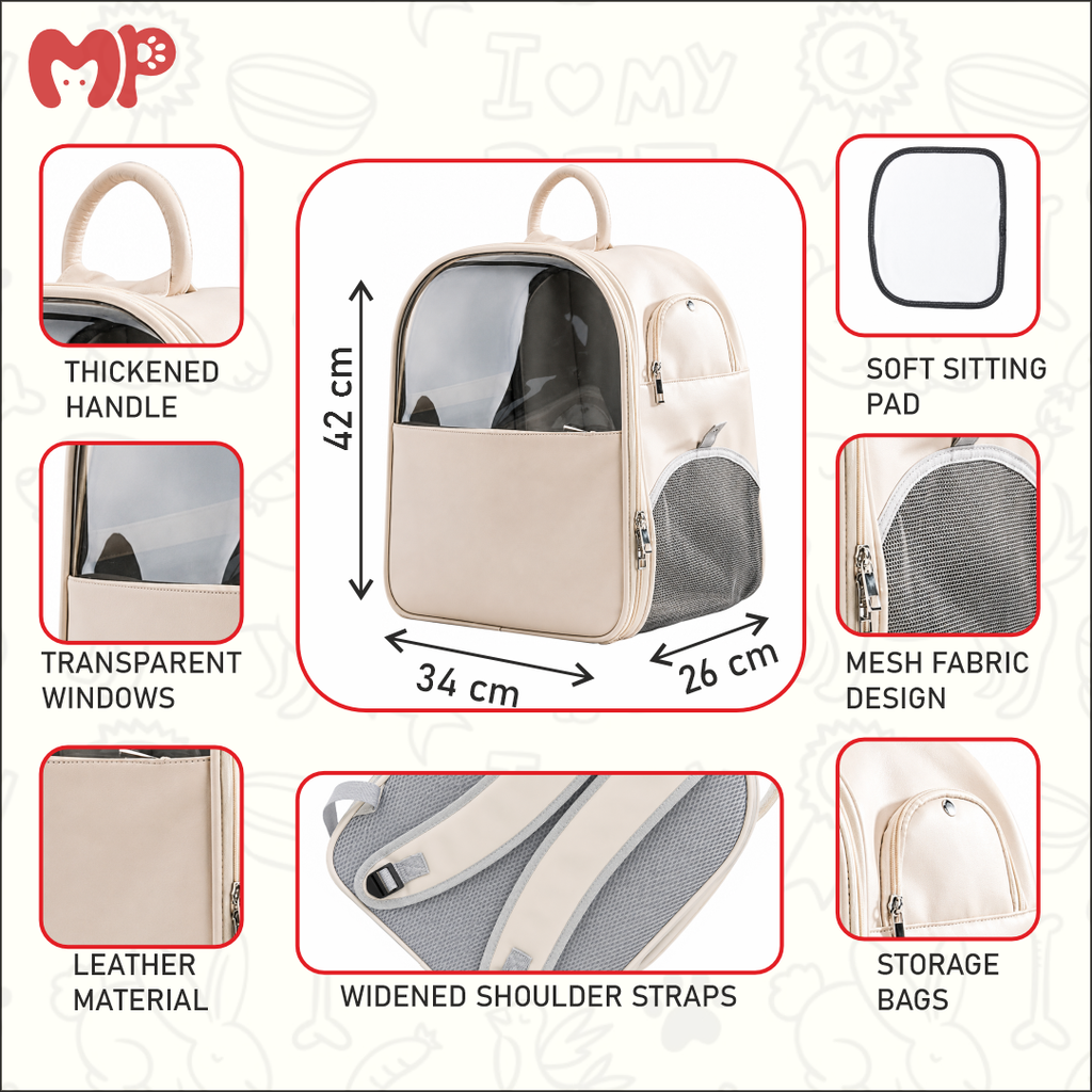 Premium Leather Pet Carrier Backpack with Large Transparent Window | Comfort Dual-Strap Travel Bag with Removable Soft Pad for Cats and Small Dogs