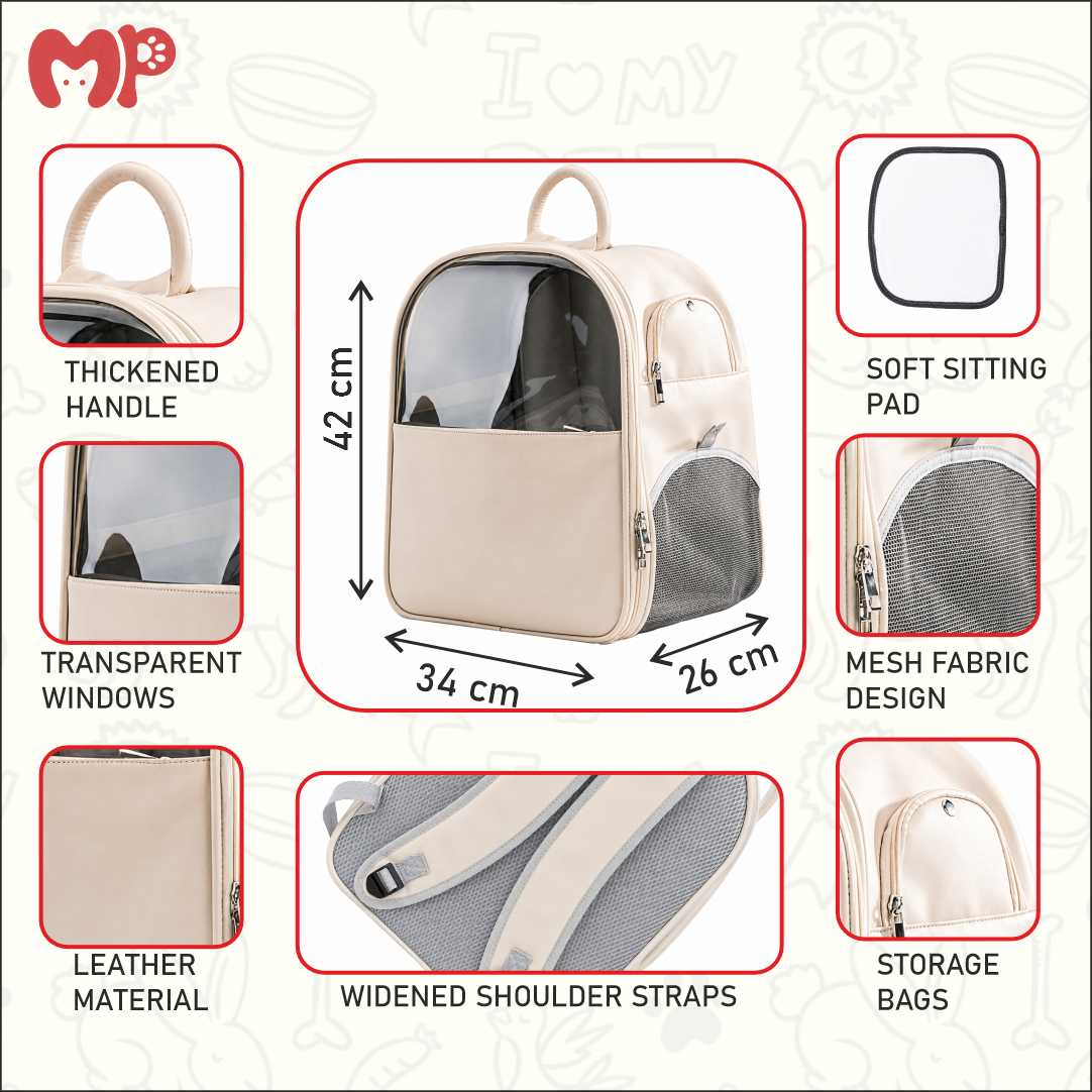 Premium Leather Pet Carrier Backpack with Large Transparent Window | Comfort Dual-Strap Travel Bag with Removable Soft Pad for Cats and Small Dogs