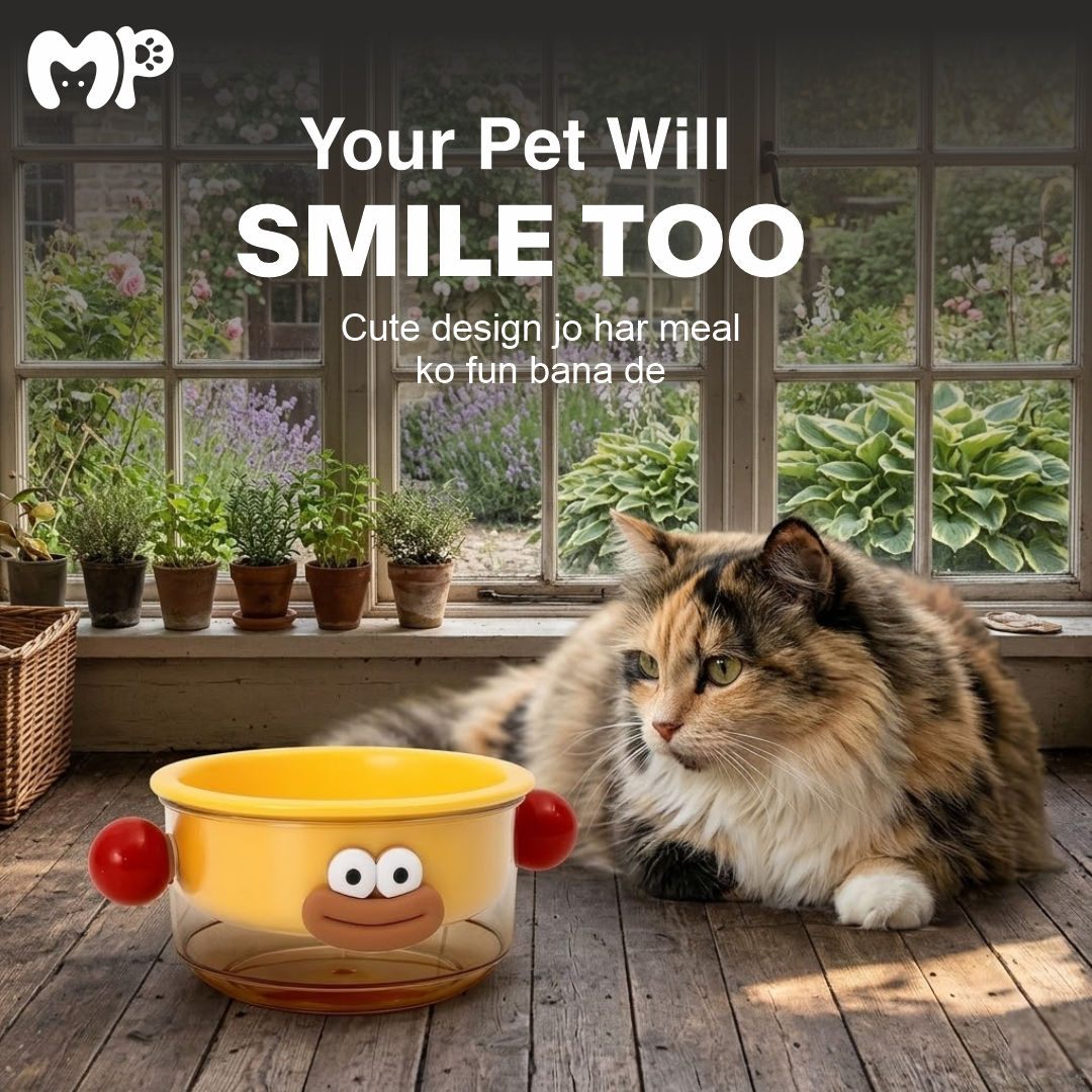 Premium Ceramic & Glass Dual-Layer Pet Bowl | Anti-Slip | Mess-Free Elevated Food & Water Feeder for Cats and Dogs (Cute Animated Design)