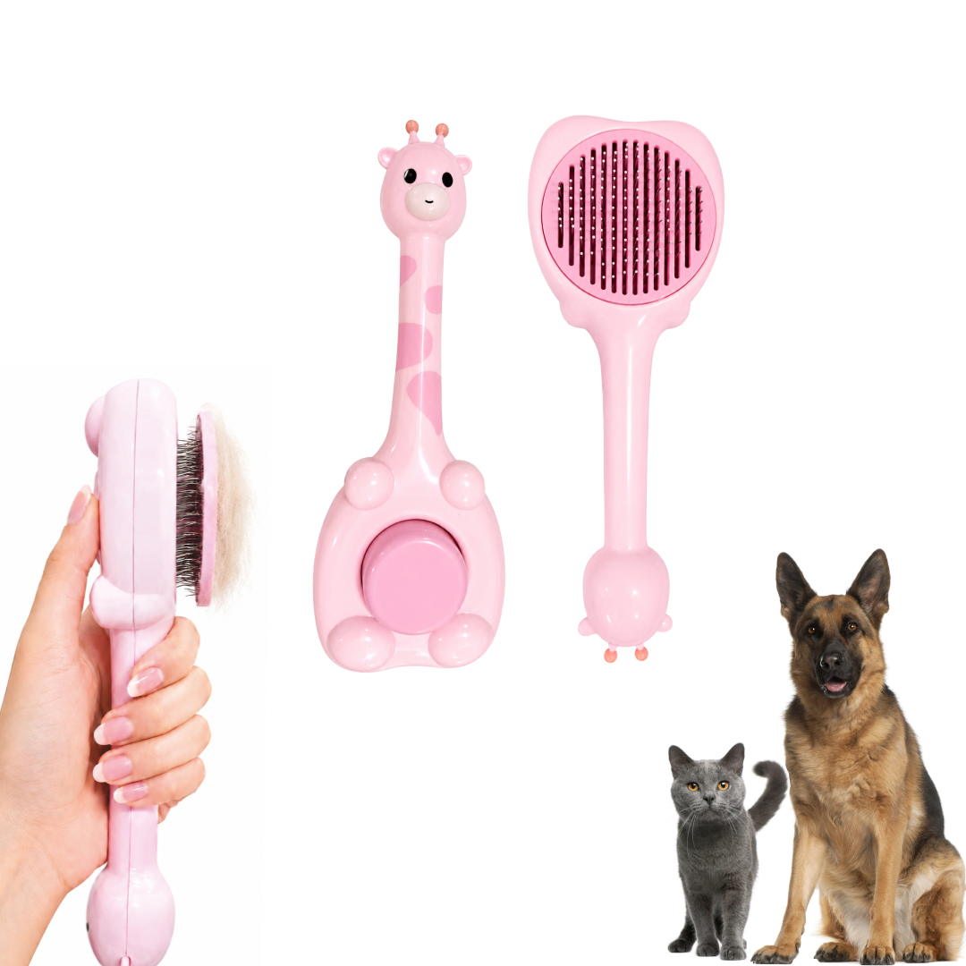 Cute Giraffe Self-Cleaning Slicker Brush for Dogs and Cats – One-Click Fur Release Pet Grooming Tool with Gentle Massage Bristles for De-Shedding | Tangled Undercoats
