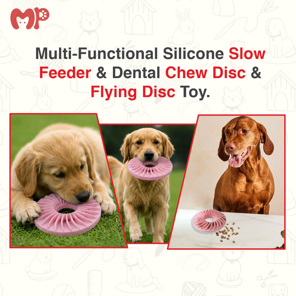Multi-Functional Silicone Slow Feeder Dog Toy – 3-in-1 Flying Disc | Dental Chew Toy | Treat Dispensing Puzzle for Dogs & Cats
