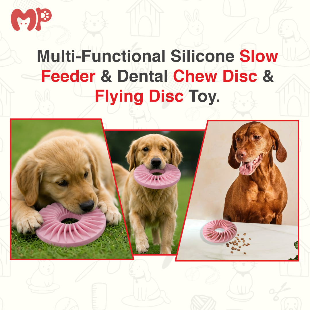 Multi-Functional Silicone Slow Feeder Dog Toy – 3-in-1 Flying Disc | Dental Chew Toy | Treat Dispensing Puzzle for Dogs & Cats