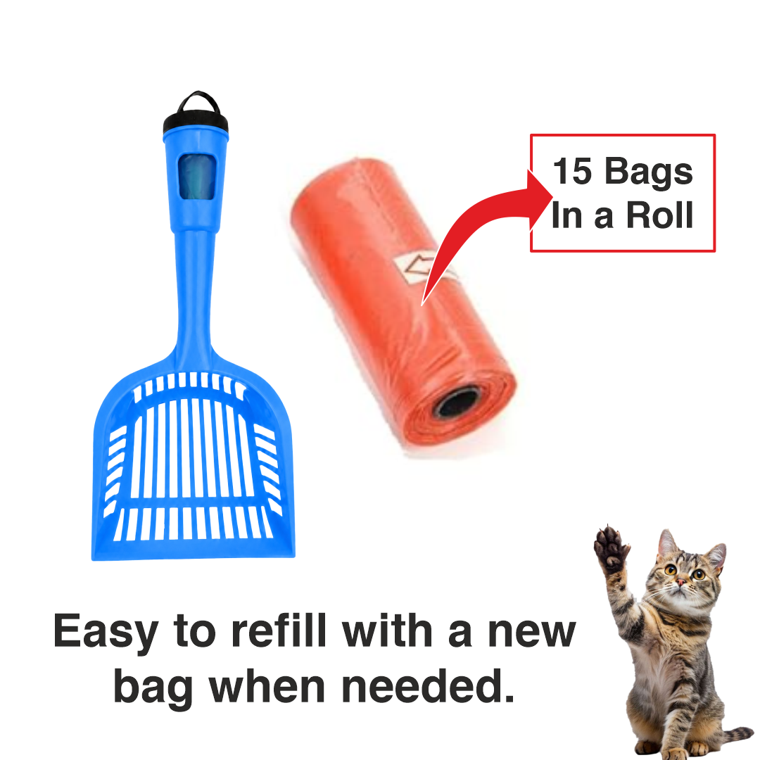 2-in-1 Cat Litter Scoop with Integrated Poop Bag Dispenser Handle | Heavy-Duty Detachable Kitty Litter Sifter Shovel Kit Includes 15 Count Waste Refill Bags