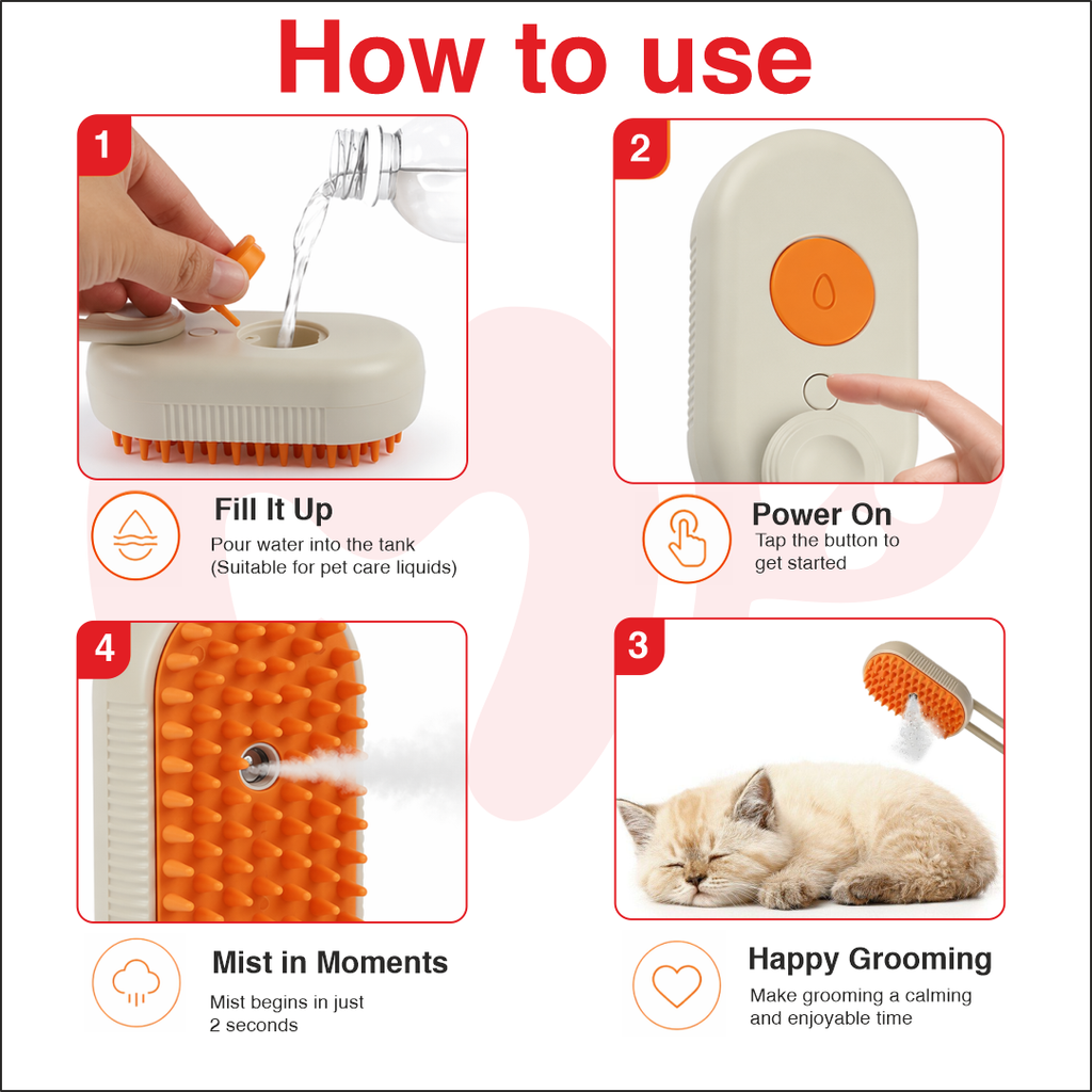 Electric Pet Steamer & Massage Brush for Cats and Dogs with Handle | Gentle Steam Grooming Tool for Shedding, Detangling & Relaxing Pet Massage | Safe & Easy Pet Hair Care Brush