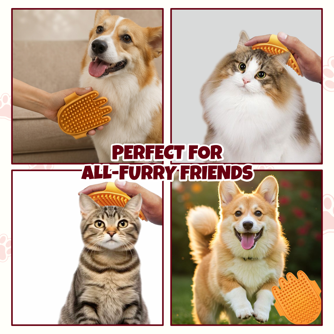 Flexible Silicone Four-Finger Pet Grooming Brush for Dogs & Cats – Soft Rubber Massage Bristles with Back Hand Strap for Easy De shedding | Bathing | Detangling Loose Fur