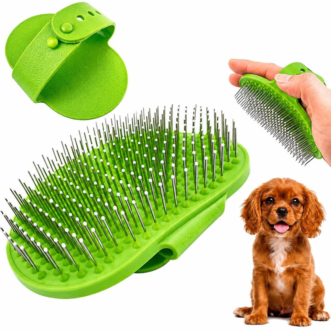 Premium Stainless Steel Pin Pet Grooming Brush with Protective Tips | Dual-Action Detangling & Massage Palm Brush with Adjustable Loop Handle for Dogs & Cats