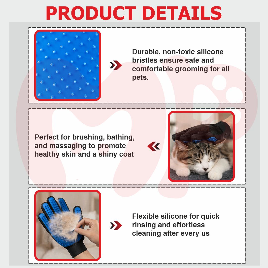Five-Finger Pet Grooming & De-shedding Glove | Silicone Bristles | 3-in-1 Brushing Bathing Massaging Tool | for Dogs Cats Horses & Rabbits
