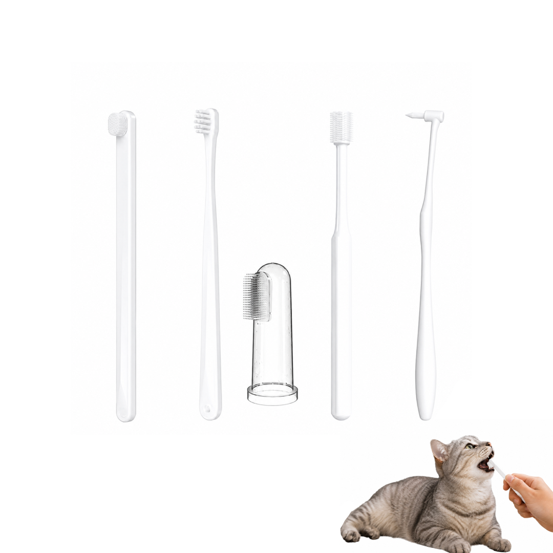 Complete 5-Piece Pet Toothbrush Kit for Dogs & Cats | Multi-Angle Dental Care Set with 2 Different Types of Bristles (Ultra-Soft Flossing & Silicone Massage Bristles) | Non-Electric Manual Grooming Tool
