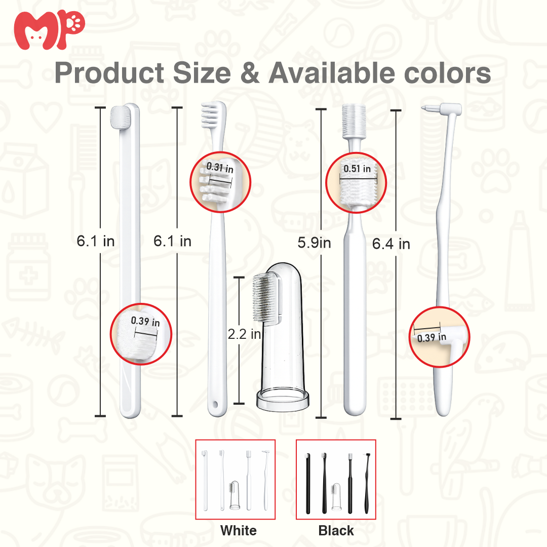 Complete 5-Piece Pet Toothbrush Kit for Dogs & Cats | Multi-Angle Dental Care Set with 2 Different Types of Bristles (Ultra-Soft Flossing & Silicone Massage Bristles) | Non-Electric Manual Grooming Tool