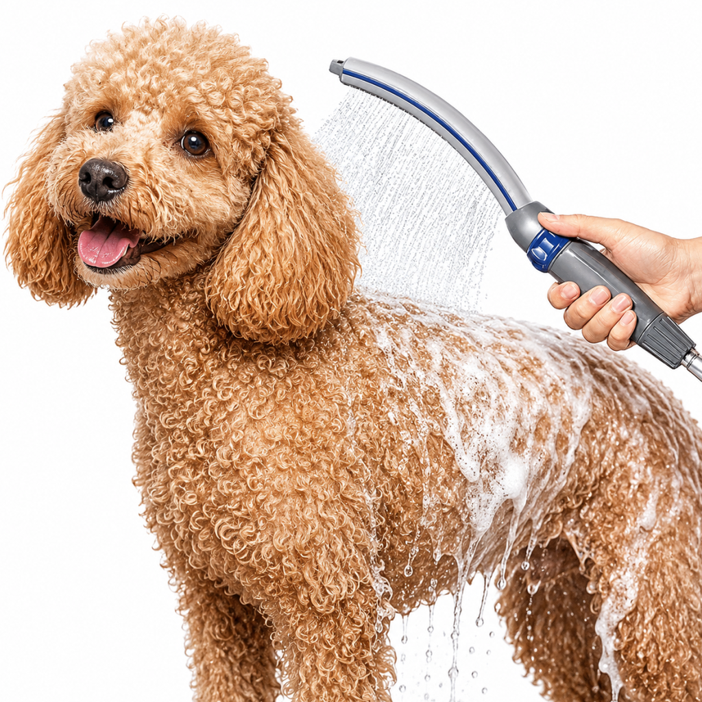Premium Dog Shower Hose Attachment with 8ft Flexible Hose & Outdoor Adapter | 2-Gear Adjusting Pet Bath Sprayer Wand | Integrated Grooming Side Comb | for Indoor Tub & Outdoor Garden Faucet