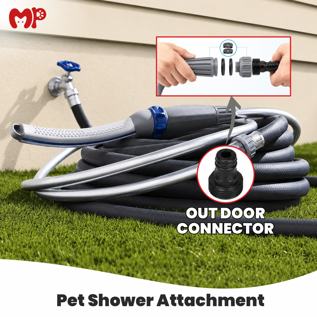 Premium Dog Shower Hose Attachment with 8ft Flexible Hose & Outdoor Adapter | 2-Gear Adjusting Pet Bath Sprayer Wand | Integrated Grooming Side Comb | for Indoor Tub & Outdoor Garden Faucet