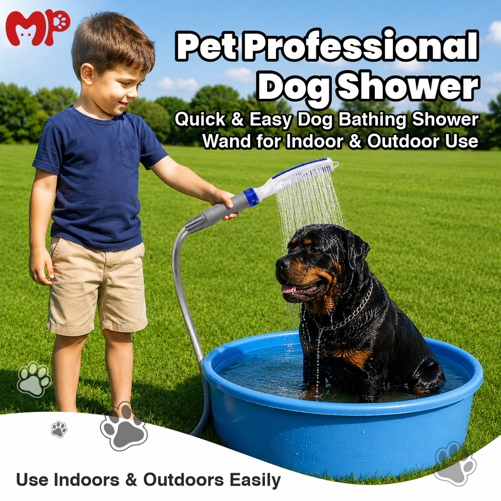Premium Dog Shower Hose Attachment with 8ft Flexible Hose & Outdoor Adapter | 2-Gear Adjusting Pet Bath Sprayer Wand | Integrated Grooming Side Comb | for Indoor Tub & Outdoor Garden Faucet