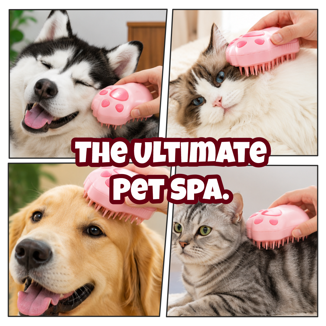 3-in-1 Electric Pet Steam Brush | Rechargeable Paw-Shaped Grooming Comb with Cool Mist Spray | for Cat and Dog Shedding | Tangle Removal | Coat Cleaning