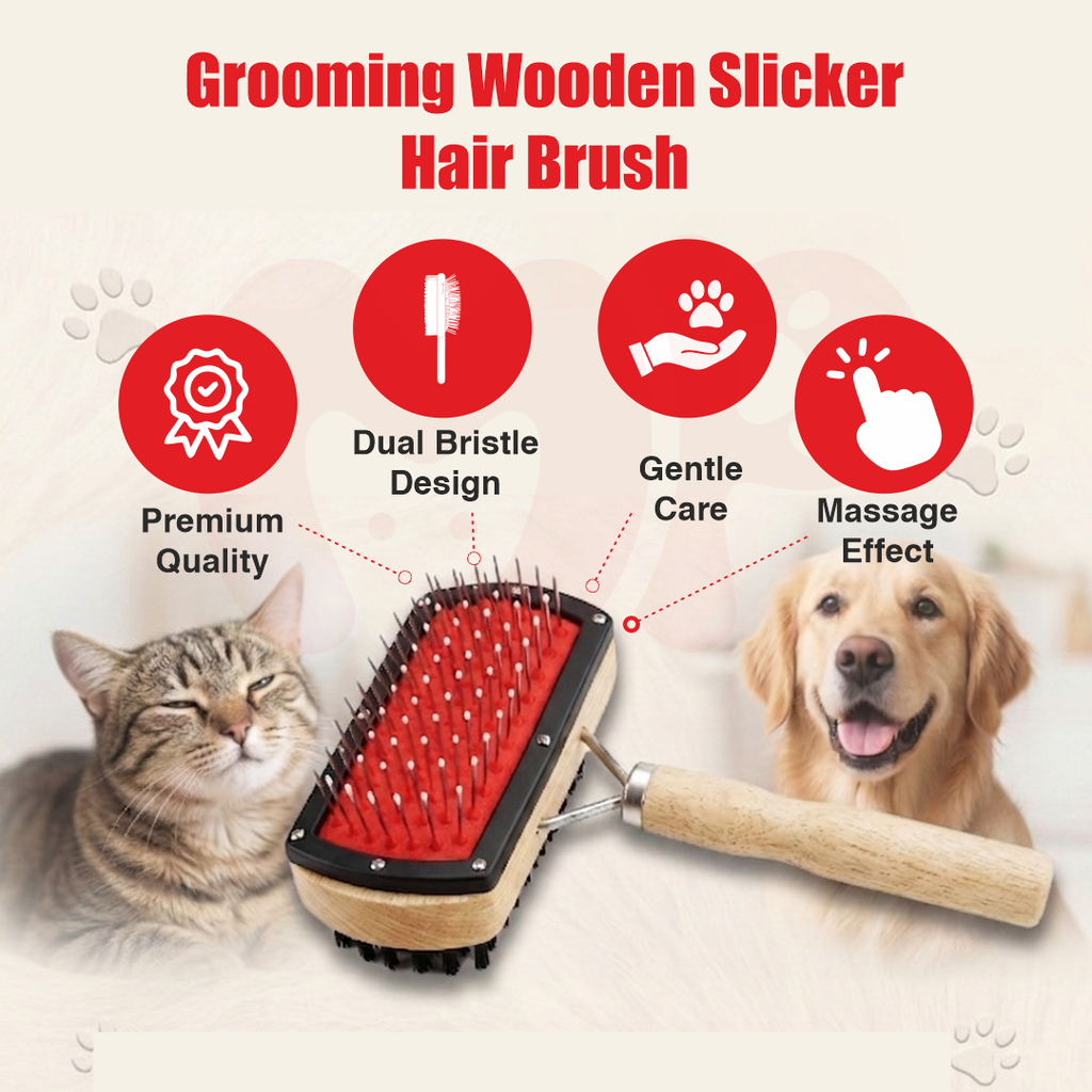 Double-Sided Wooden Pet Slicker Brush| Dual Bristle and Pin Design| Gentle Rounded Pins For Cats and Dogs