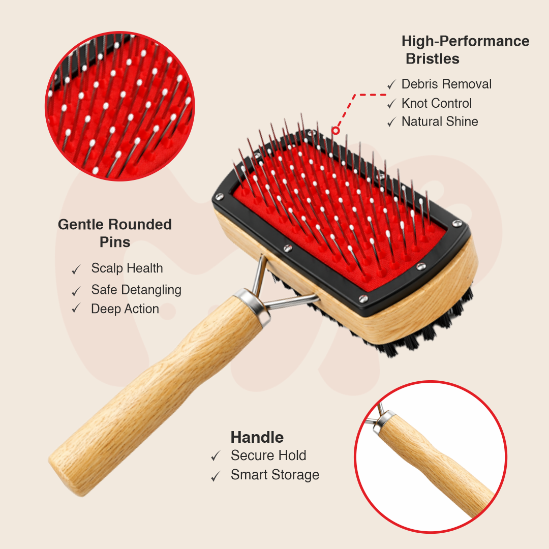 Double-Sided Wooden Pet Slicker Brush| Dual Bristle and Pin Design| Gentle Rounded Pins For Cats and Dogs