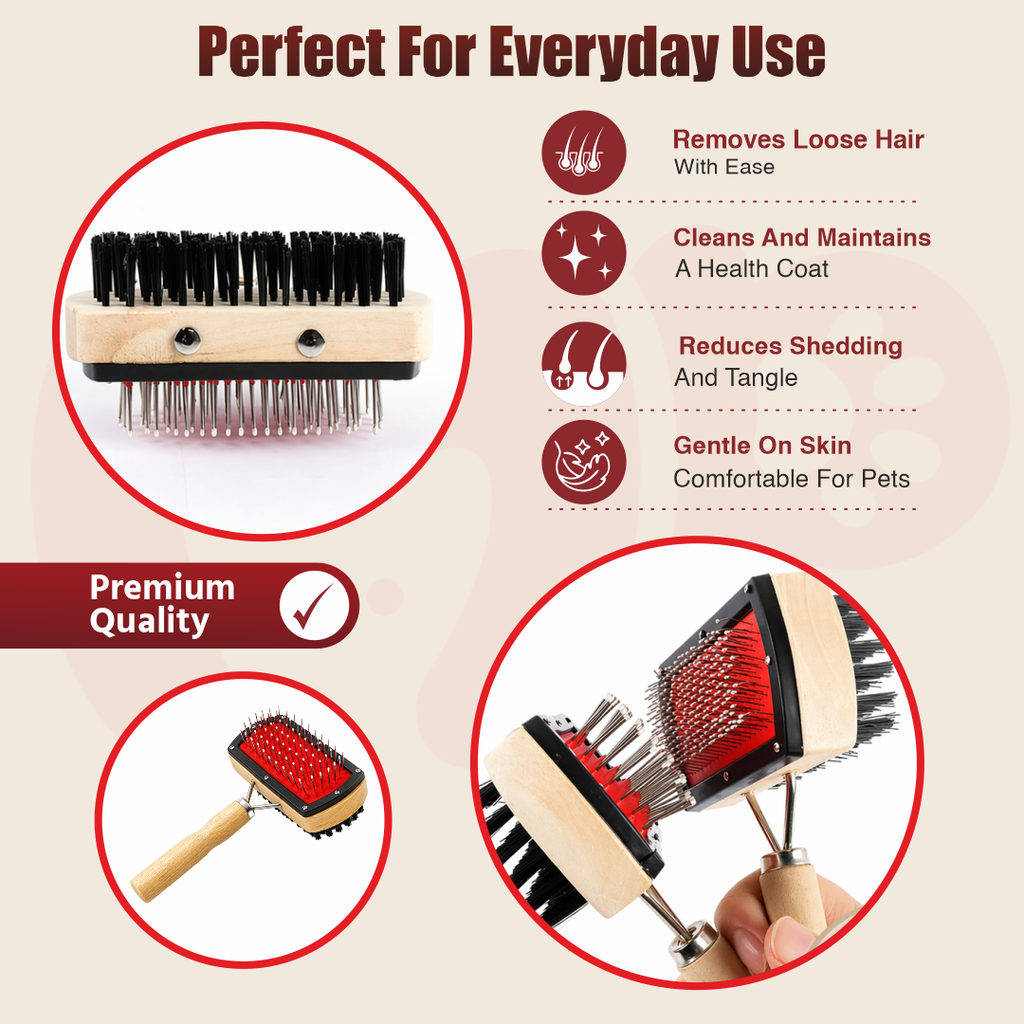 Double-Sided Wooden Pet Slicker Brush| Dual Bristle and Pin Design| Gentle Rounded Pins For Cats and Dogs