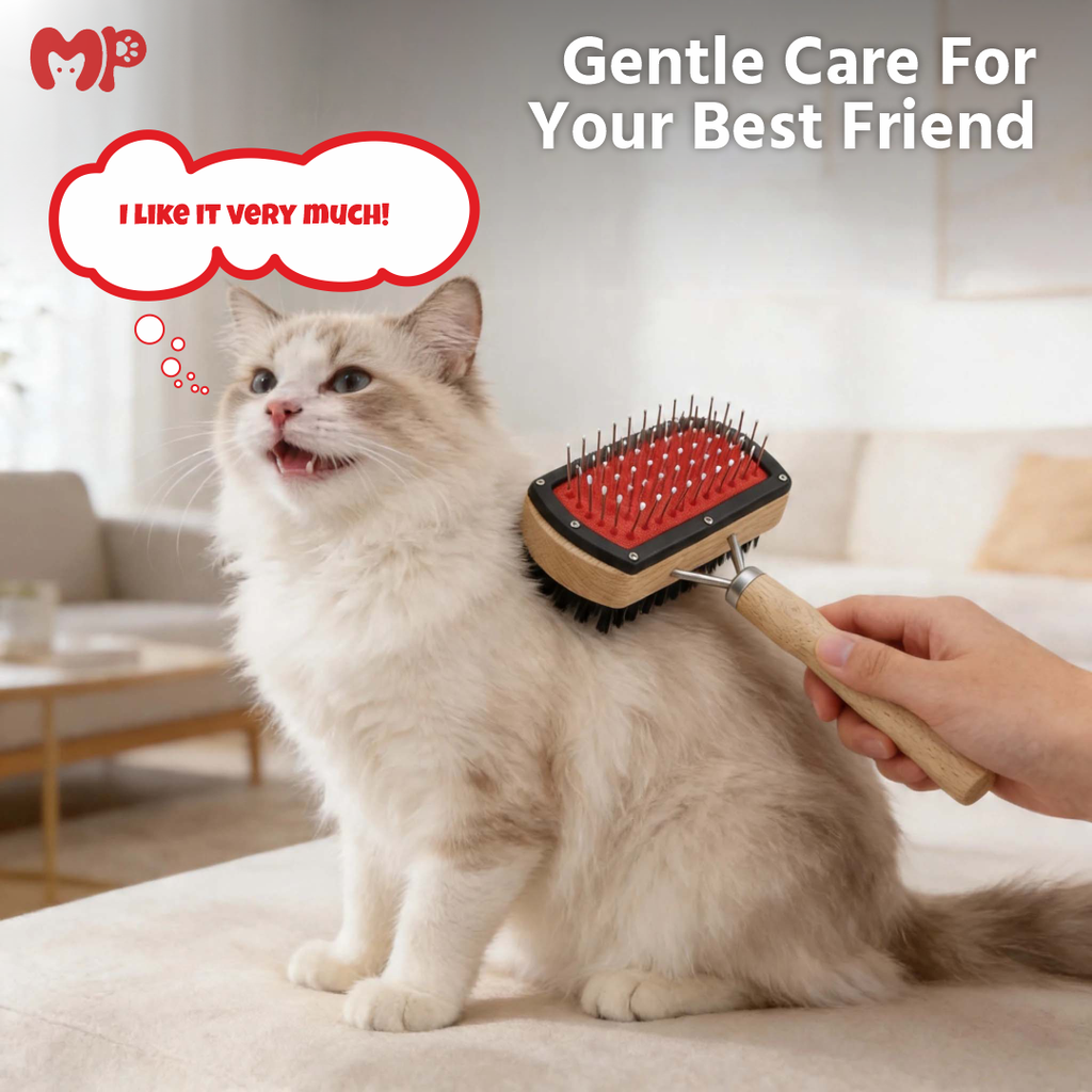 Double-Sided Wooden Pet Slicker Brush| Dual Bristle and Pin Design| Gentle Rounded Pins For Cats and Dogs